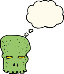 cartoon spooky skull with thought bubble