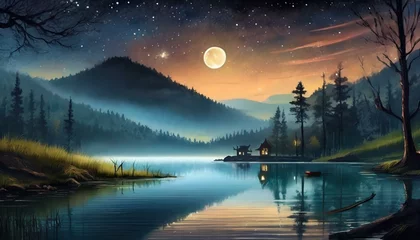 Foto op Canvas night landscape with lake © Duy
