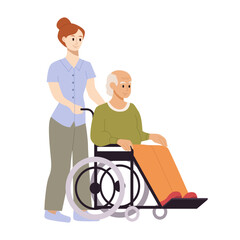 Medical Care of Elderly People Concept. Social Worker Care of Sick Senior on Wheelchair. Flat Vector Illustration.