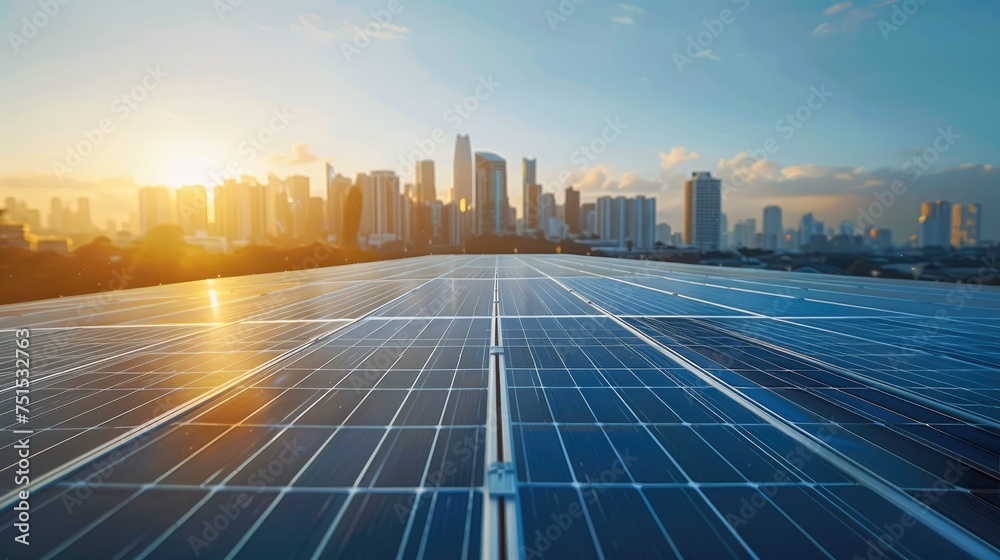 Poster solar panels sprawling across a rooftop, with the city skyline in the background under a clear sky. 