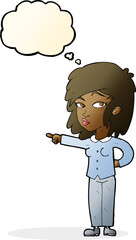 cartoon woman pointing with thought bubble
