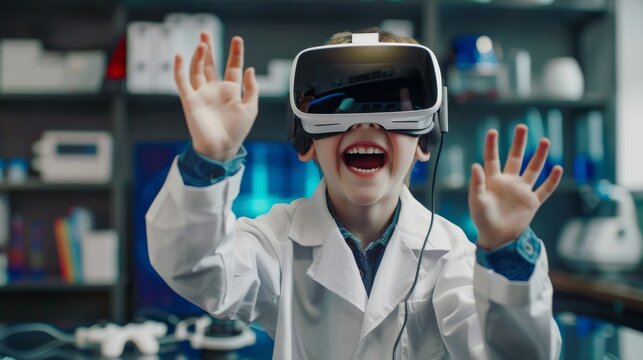 A laughing Caucasian boy wearing virtual reality glasses in a science laboratory, dressed in a lab coat, makes excited gestures as he conducts virtual experiments. Copy space