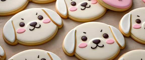 Cookies shaped like cute dog faces decorated with chocolate. Dog face cookies. 
