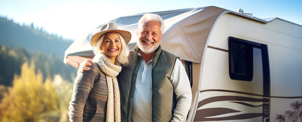 A senior couple smiling in front of their camper van, ready for an off-road adventure. Concept an active retirement lifestyle, eco-tourism, wellness retreat. Banner. Copy space. - obrazy, fototapety, plakaty