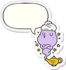 cute cartoon genie rising out of lamp and speech bubble sticker