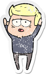 distressed sticker of a cartoon tired man