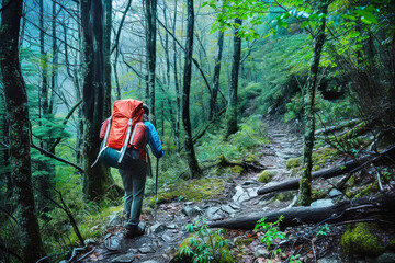 A hiker with a large red backpack treks along a wet, forested trail, surrounded by the misty. Concept travel and exploration, traveling solo, rest and recharge, vacation.
