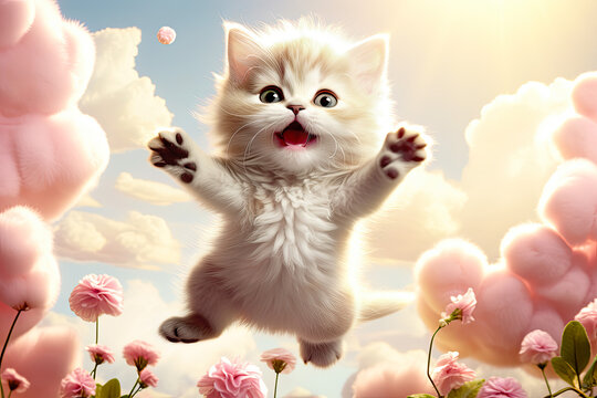 Cute white kitten's flying among pink cotton candy clouds with a backdrop of a sunny sky. Concept for children's books, greeting cards, holiday, room decor, advertising.