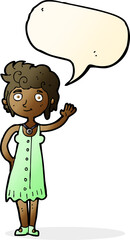 cartoon hippie woman waving with speech bubble