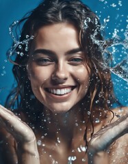 Beautiful Model Woman with splashes of water in her hands. Beautiful Smiling girl under splash of water