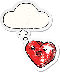 heart cartoon character and thought bubble as a distressed worn sticker