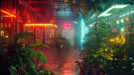 Futuristic greenhouse, robotic plants with neon Tokyo night vibes, a tech-urban blend. Robotic plants