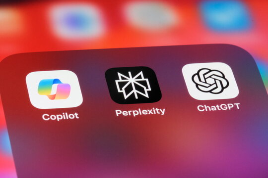 Shanghai,China-March 5th 2024: Perplexity AI, Microsoft Copilot and OpenAI ChatGPT mobile app icons. Assorted AI chatbot apps  