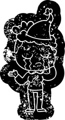 cartoon distressed icon of a crying woman wearing santa hat