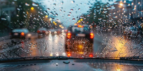 Rain drops on car glass with blur background of traffic jam in the city