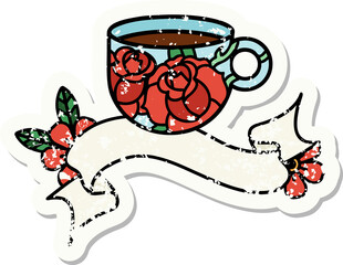 grunge sticker with banner of a cup and flowers