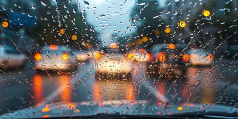 Rain drops on car windshield. Blurred traffic in the city.