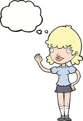 cartoon waving woman with thought bubble