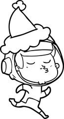 line drawing of a confident astronaut wearing santa hat