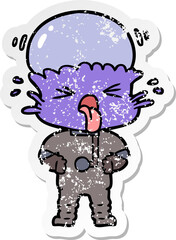 distressed sticker of a disgusted cartoon alien