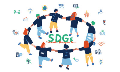 SDGsをイメージする手を繋ぐ人々と文字のイラスト

