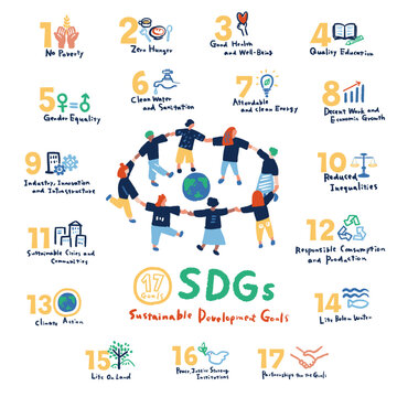 SDGs 17の目標アイコンと人のシンプルなイラストセット　SDGs 17 goals icon　
