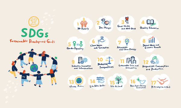 SDGs 17の目標アイコンと人のシンプルなイラストセット　SDGs 17 goals icon　
