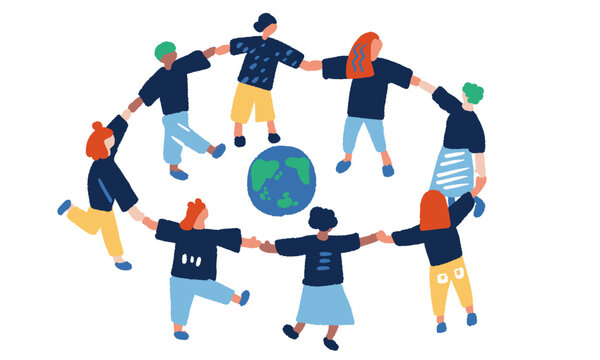 手を繋ぐ人々と地球のシンプルなイラスト
