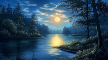 Moonlit reflections on a tranquil river surrounded by trees. - obrazy, fototapety, plakaty