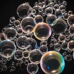 Rainbow soap bubbles on black background 3d transparent bubbles