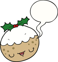 cute cartoon christmas pudding and speech bubble