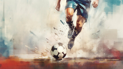 Close-up of a football player's legs leading the ball forward. Active lifestyle. Sports competition or training concept. Digital art in watercolor style 