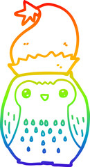 rainbow gradient line drawing cute cartoon owl wearing christmas hat