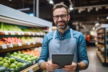 Smiling person working in supermarket grocery store department Generative Ai picture