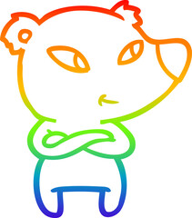 rainbow gradient line drawing cute cartoon bear with crossed arms