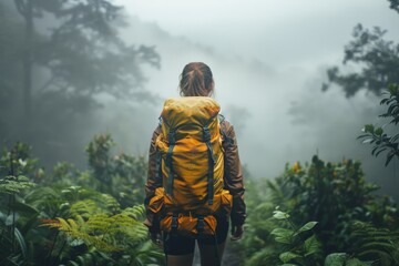 Adventurous hike through lush forest, Explorer with backpack stands amidst a dense fog, looking into the lush, misty rainforest, evoking a sense of wonder and natural immersion.