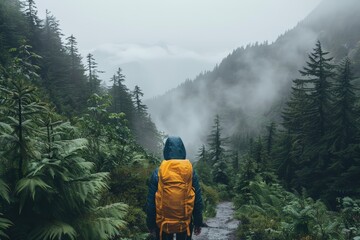 Adventurous hike through lush forest, Explorer with backpack stands amidst a dense fog, looking...