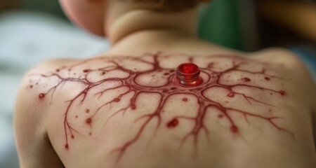 A close-up of a unique red and white tattoo on a person's back