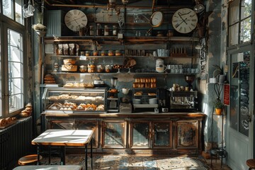 Vintage bakery cafe with eclectic decor and aged patina walls, highlighted by daylight, offers warm...