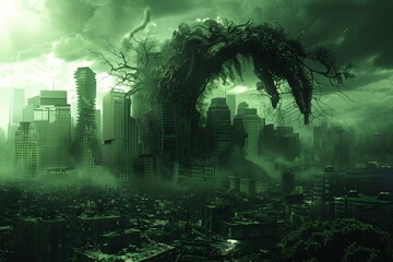 Obraz premium Majestic tree merges with digital data in city overrun by nature, a digital art piece portraying the fusion of organic and virtual realities. Nature reclaims urbanity, depicted by a tree's silhouette