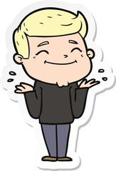 sticker of a happy cartoon man shrugging