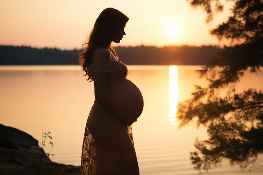 Generative ai image picture of adorable charming pregnant young woman mommy enjoy beautiful view sunset
