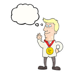 thought bubble textured cartoon waving man with award