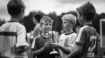 The boys celebrate the victory in the football tournament and hold the cup, ai generative - obrazy, fototapety, plakaty