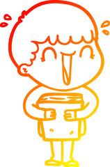 warm gradient line drawing laughing cartoon man holding book