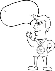 speech bubble cartoon waving man with award