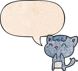 cute cartoon happy little cat and speech bubble in retro texture style