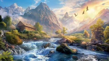 Foto op Canvas Nature's masterpiece unfolds as crystal-clear streams carve through rugged mountains, embracing tranquil villages, with the added grace of colorful birds in flight. © The Image Studio
