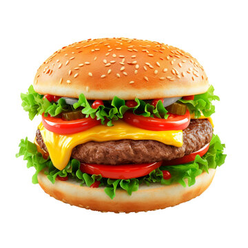 A cartoon hamburger with lettuce and tomato on top Isolated on transparent background, PNG