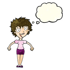 cartoon excited woman with thought bubble